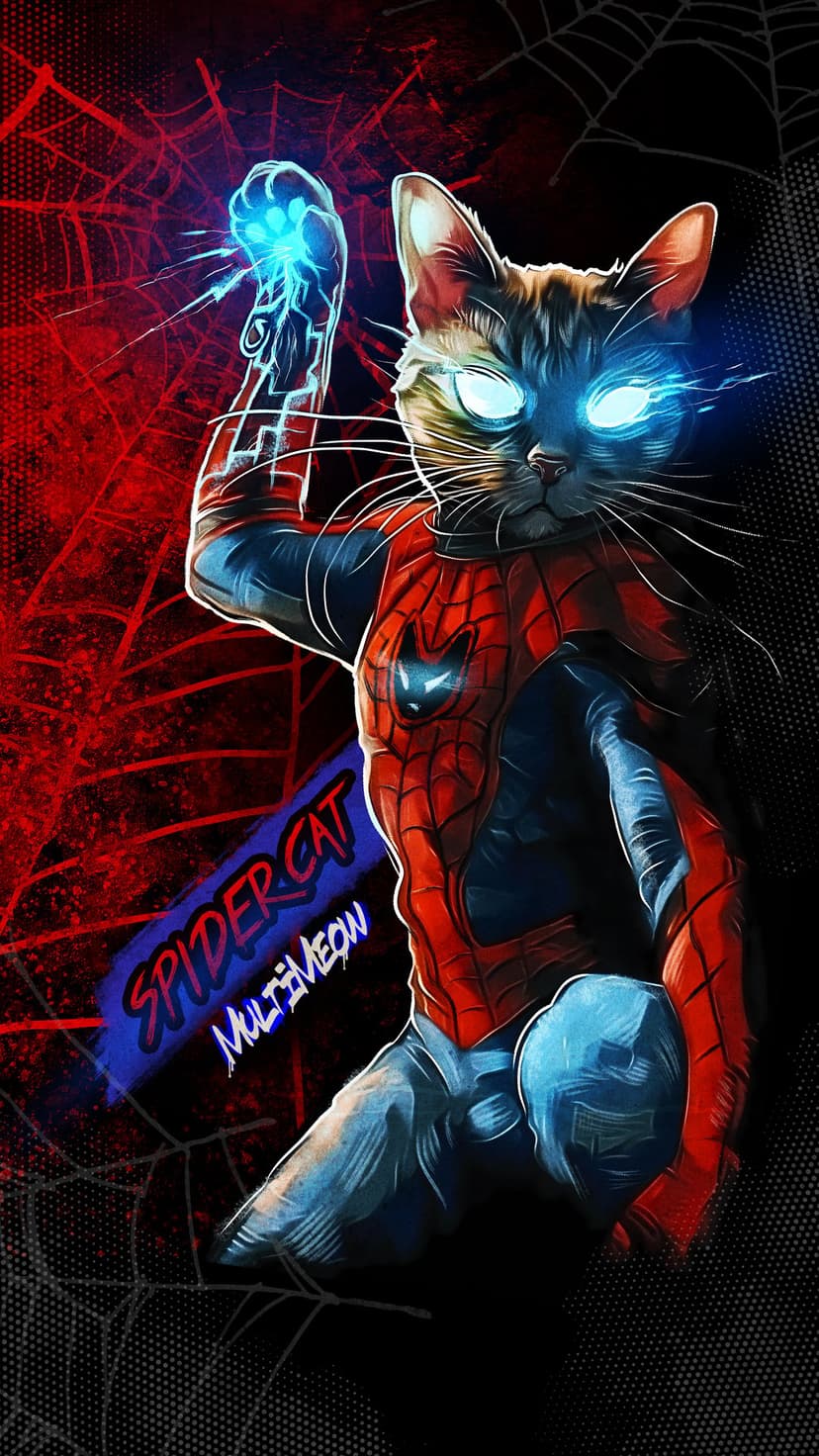 Cat dressed in a red and blue spider-man suit with glowing blue eyes and a web-like energy blast from its paw.