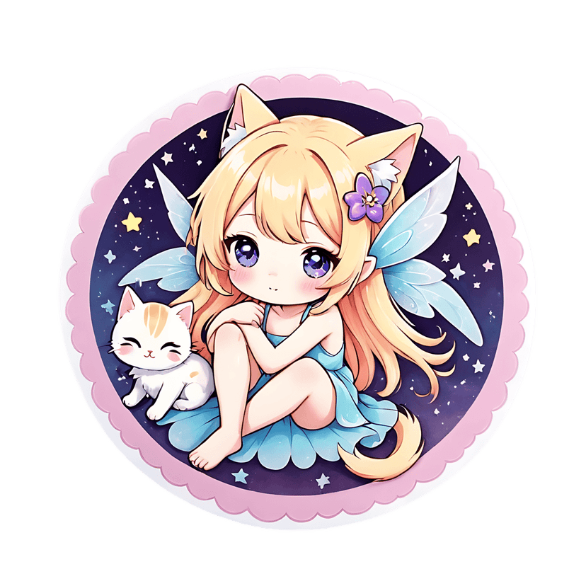 Blonde fairy cat girl sticker featuring blue wings and a small cat sitting inside a pink scalloped frame.
