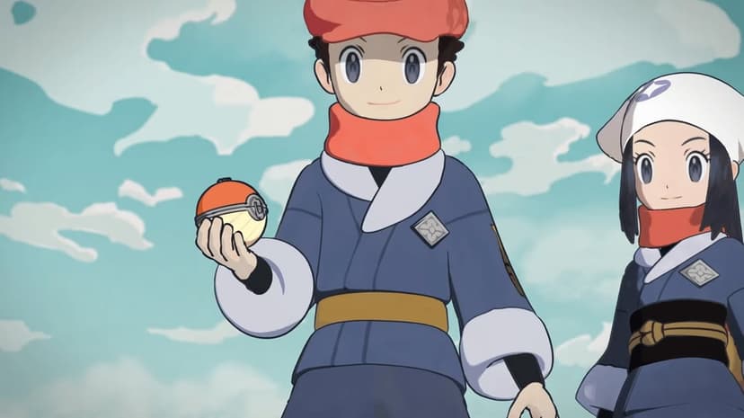 Rei holds a wooden Poke Ball beside Akari against a bright blue sky in Hisui region character art.