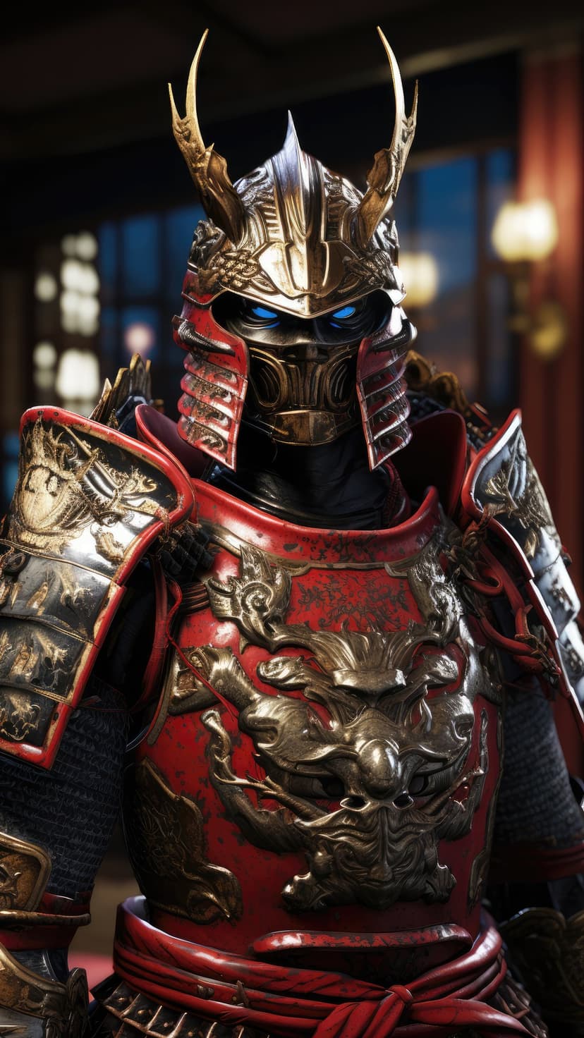 Samurai warrior in red and gold dragon-engraved armor with glowing blue eyes visible through a helmet visor.