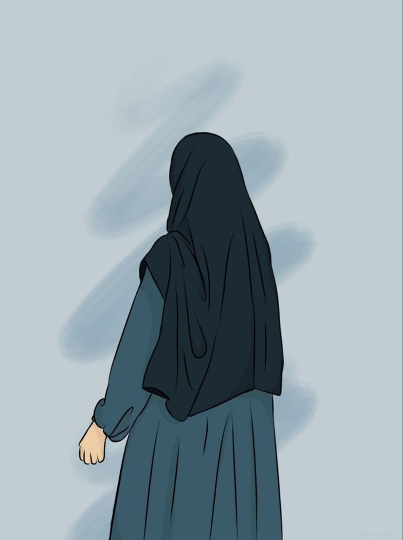 Woman from behind wearing a black hijab and long teal dress against a textured light blue and gray background.