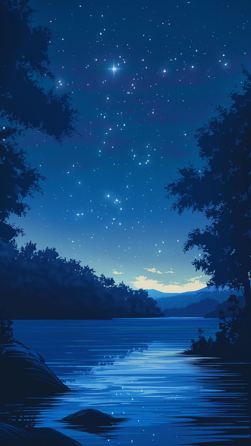 Bright stars and a glowing galaxy reflect in a dark lake surrounded by black pine tree silhouettes and mountains.