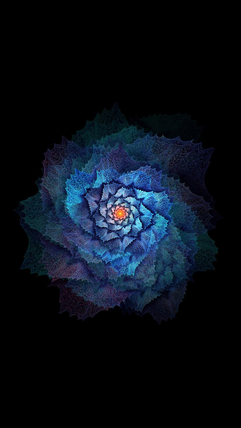 Luminous blue and violet fractal flower with a tiny orange center glowing against a dark black background.