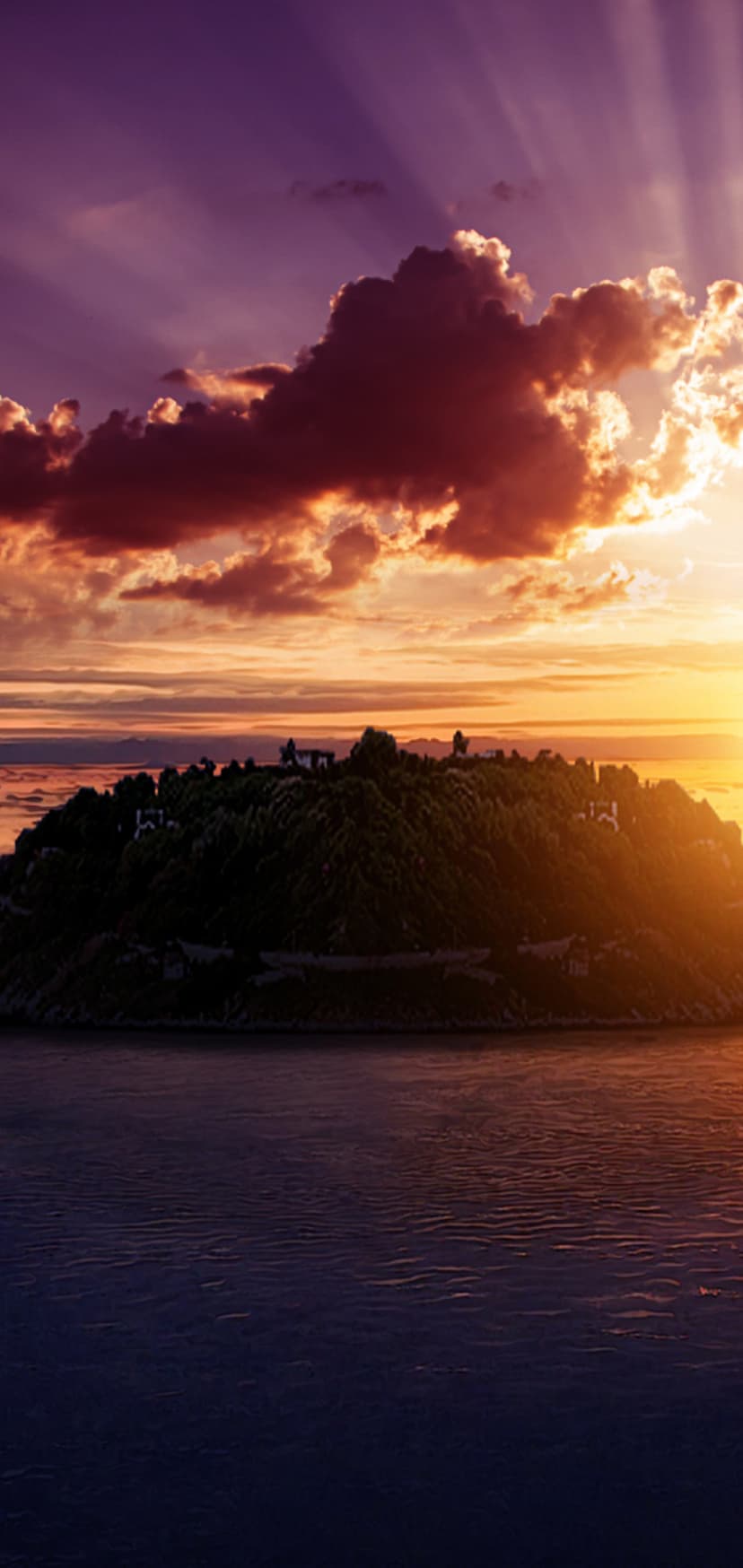 Sunbeams Piercing Purple Clouds Over Island Wallpaper
