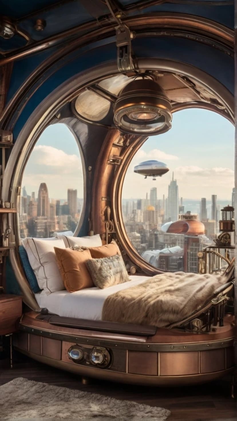 Ornate brass bedroom features a round window viewing a distant airship and cityscape in warm sepia tones.