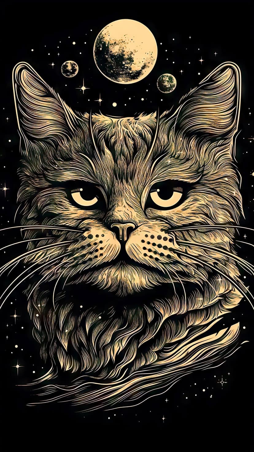 Stylized cat face with glowing eyes and white whiskers surrounded by a crescent moon and stars in deep space.