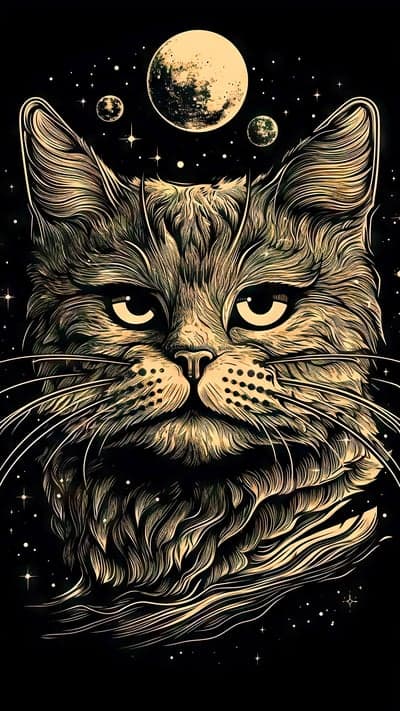Cosmic Cat Portrait with Moons and Stars