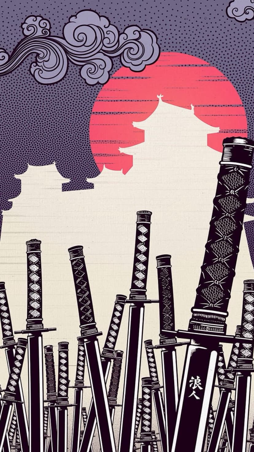 Ornate samurai sword handles protrude from the ground against a dark pagoda and giant red moon in the night.