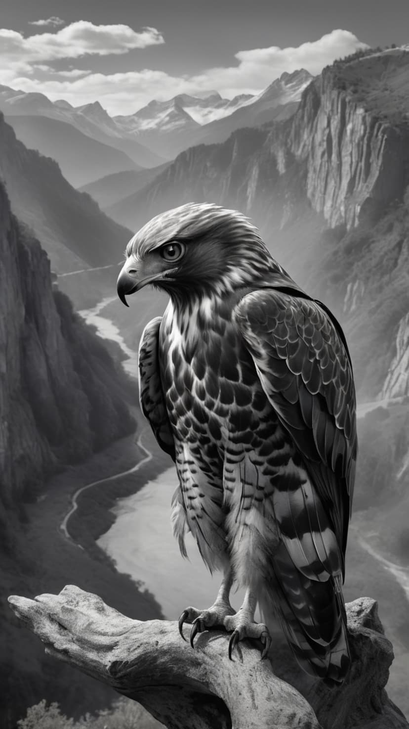 Raptor perched on a gnarled branch surveys a deep mountain valley with a winding river in high-contrast grayscale.