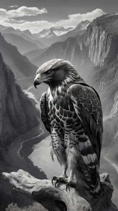 Hawk Perched Over Mountain Valley Monochrome Phone Wallpaper