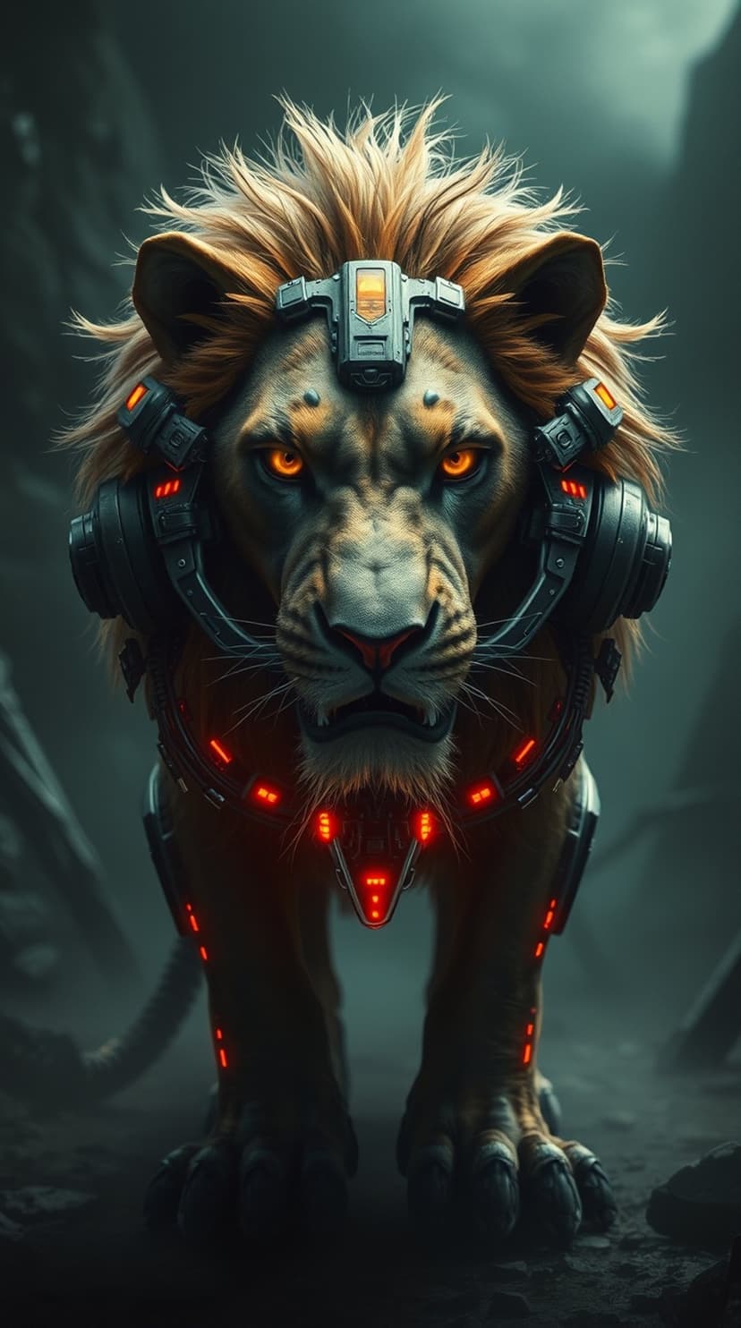 Cybernetic lion with glowing orange eyes wearing a metallic headset and futuristic armor in a dark setting.