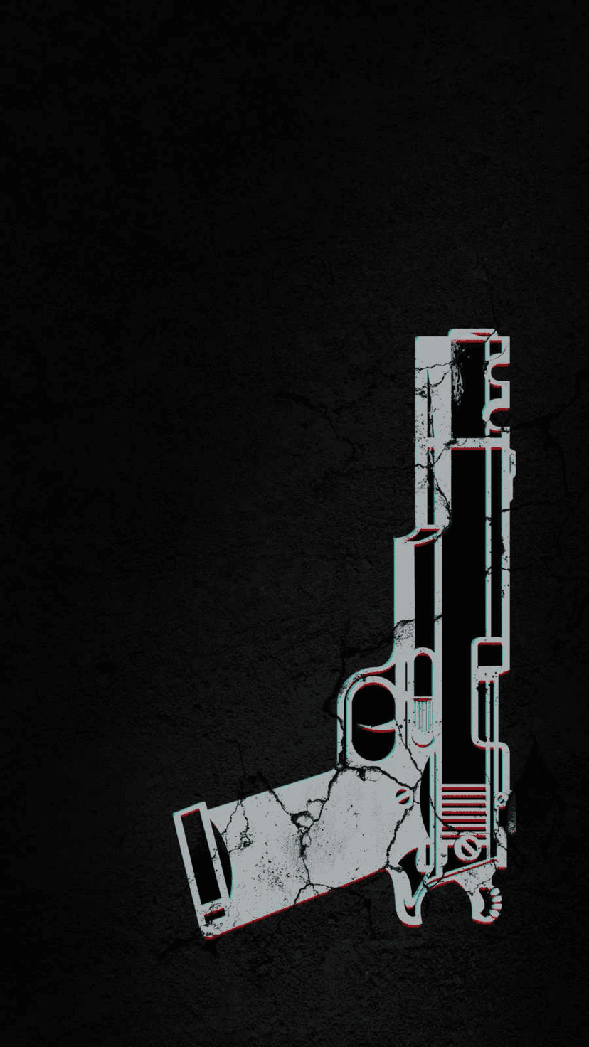 White cracked handgun silhouette with red and blue glitch edges centered on a dark charcoal textured background.