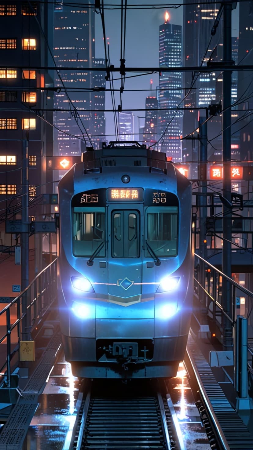 Sleek futuristic train on wet tracks amidst glowing neon skyscrapers and a dark urban cityscape at night.