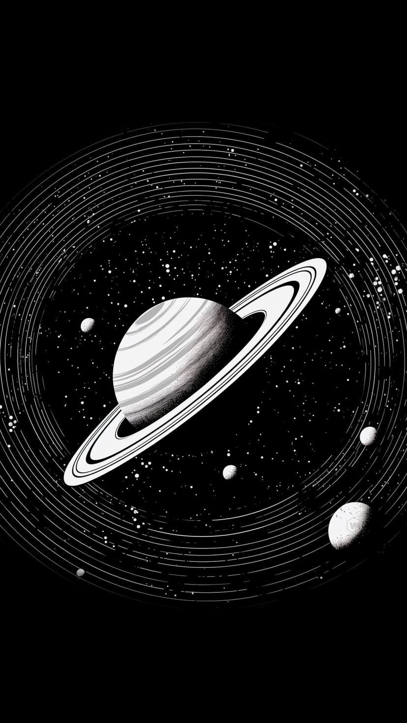 Saturn with wide rings is surrounded by small moons and orbital lines against a black stippled starry background.
