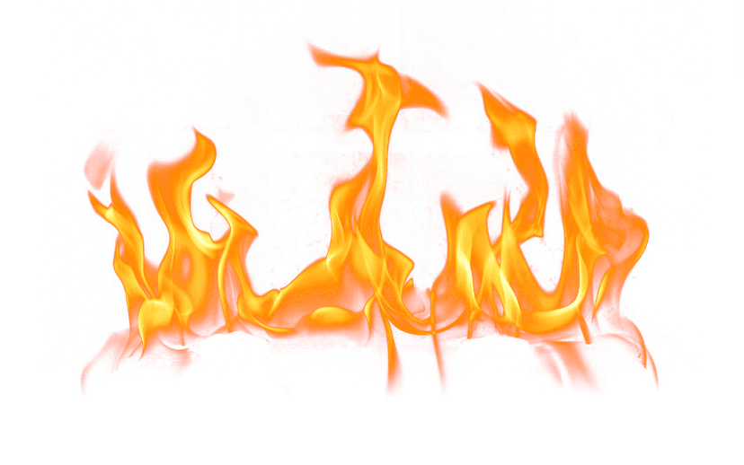 Realistic fire blaze features bright orange flickering tongues and glowing embers against a transparent background.