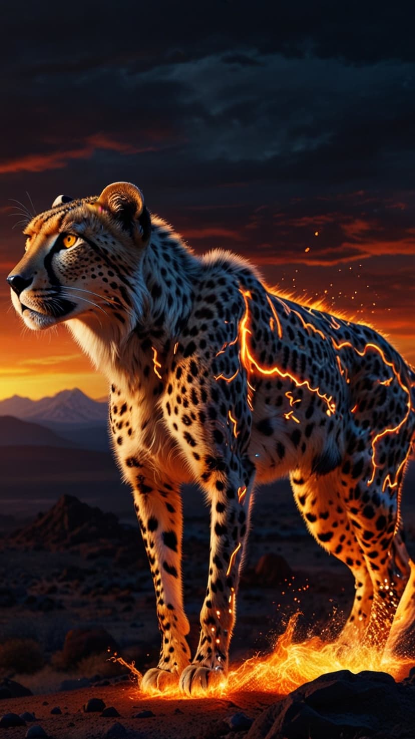 Cheetah with glowing embers and fire streaks roars against a stormy orange sunset and jagged mountain peaks.