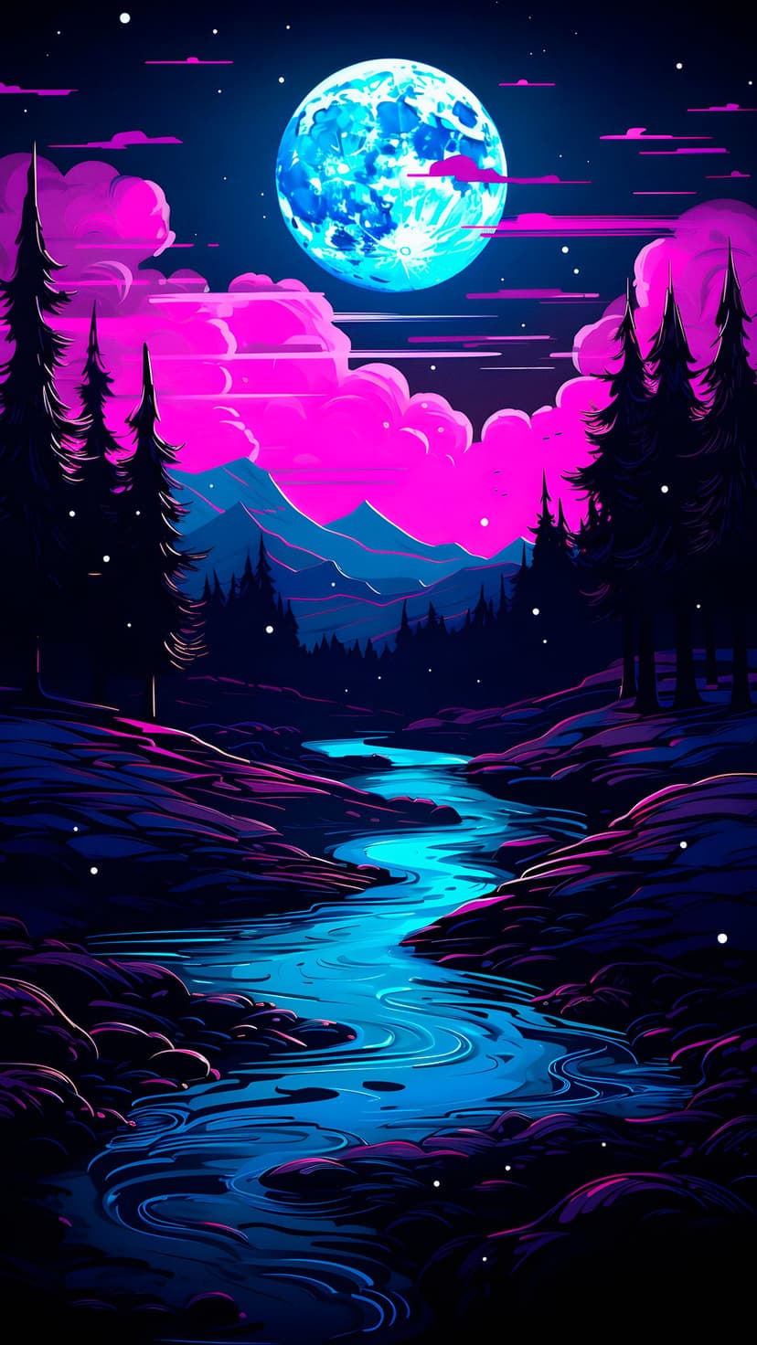 Neon pink clouds and a blue moon reflect in a winding river surrounded by silhouetted pine trees at night.