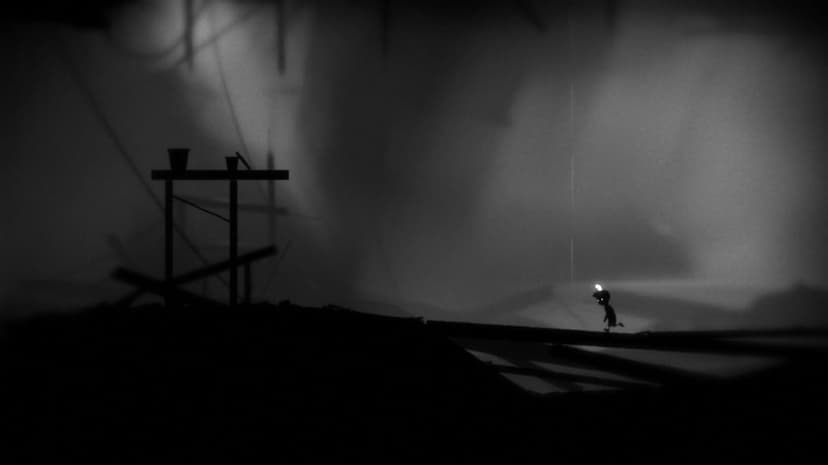 Silhouette of a small boy with glowing white eyes walking on a plank in a dark, foggy industrial environment.