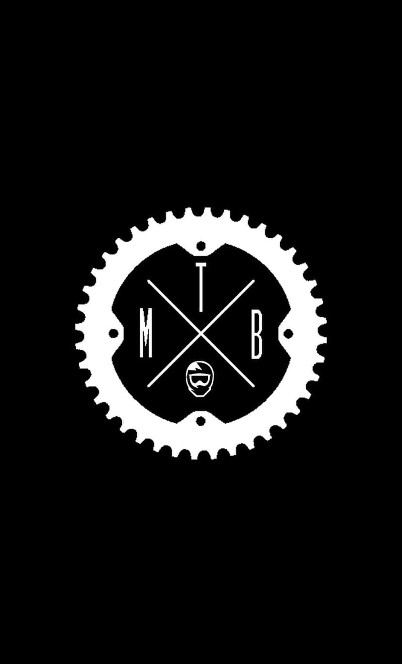 White MTB mountain bike gear logo and helmet icon centered on a solid black background for a mobile display.
