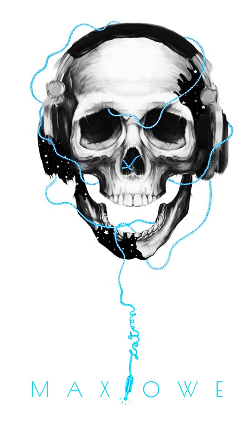 Human skull wearing headphones with a bright blue audio cable forming the word Listen over a black backdrop.