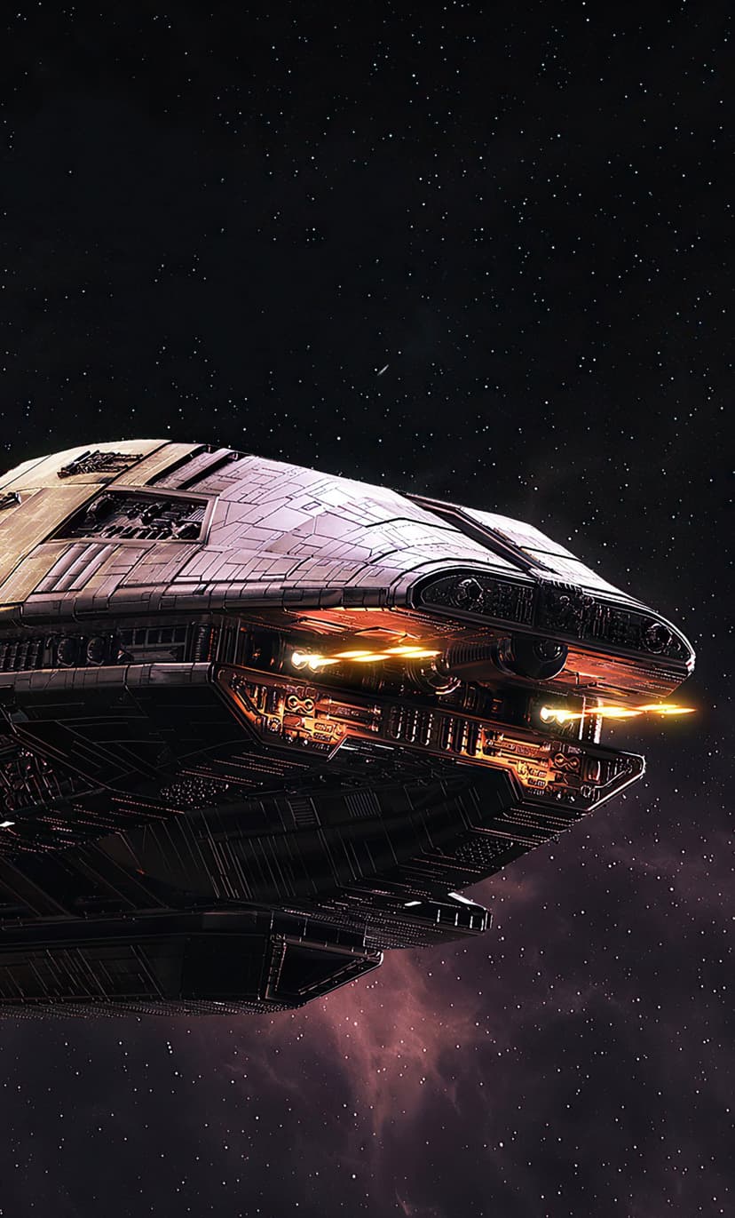 Detailed sci-fi starship with glowing orange ports cruising through a starry purple nebula in deep space.