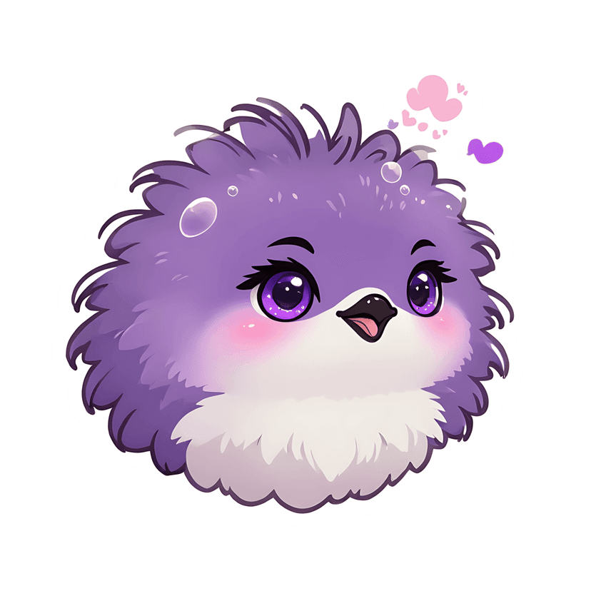 Violet fluffy creature sticker featuring glossy purple eyes, pink hearts, and bubbles with a white border.