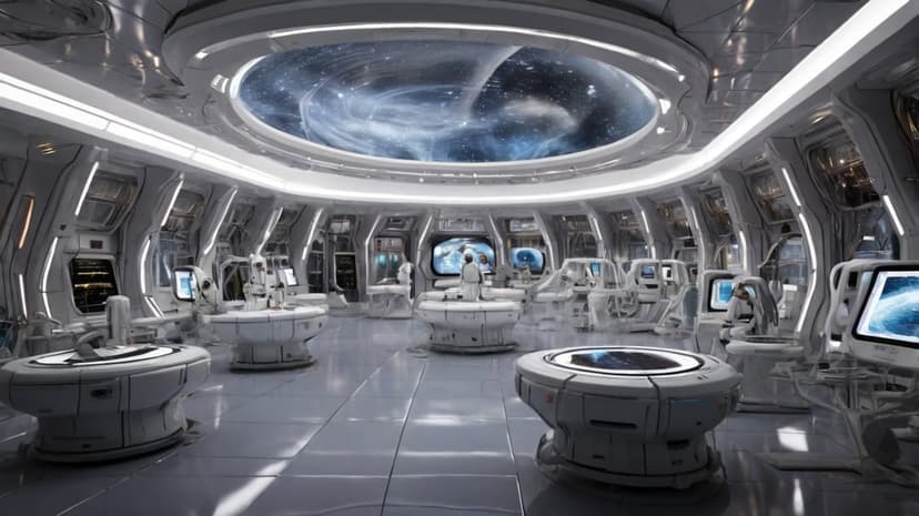 Futuristic space laboratory with white workstations and a glowing blue holographic nebula map on the ceiling.