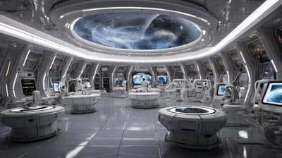 Futuristic space station laboratory with holographic star map ceiling