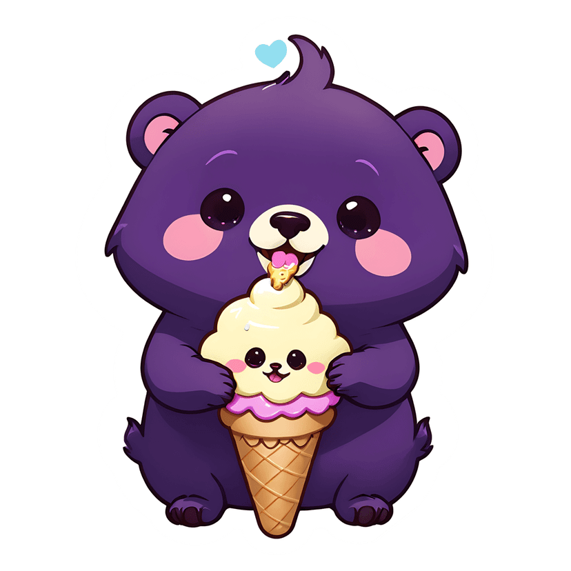 Purple bear sticker holding a vanilla ice cream cone with a blue heart above its head against black backdrop.
