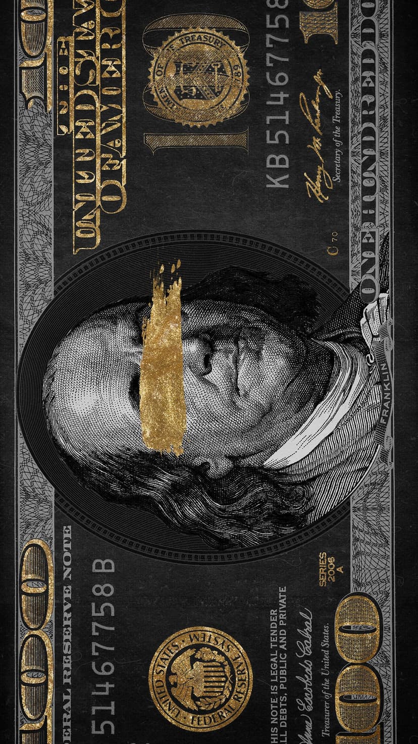 Benjamin Franklin portrait on a black hundred dollar bill featuring a vertical metallic gold paint stroke.