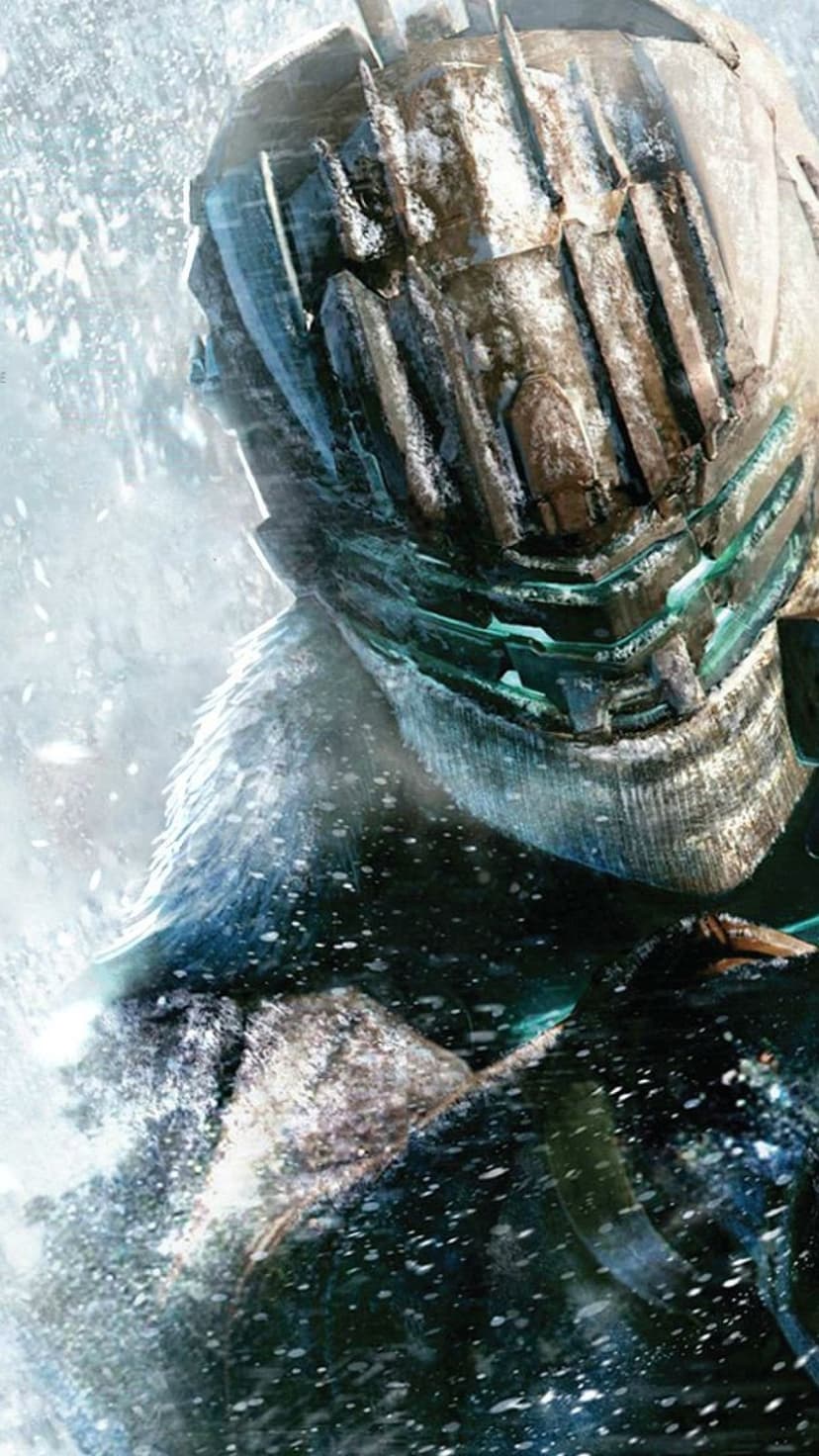 Isaac Clarke's metallic helmet from Dead Space with glowing teal visors and a heavy layer of snow and frost.