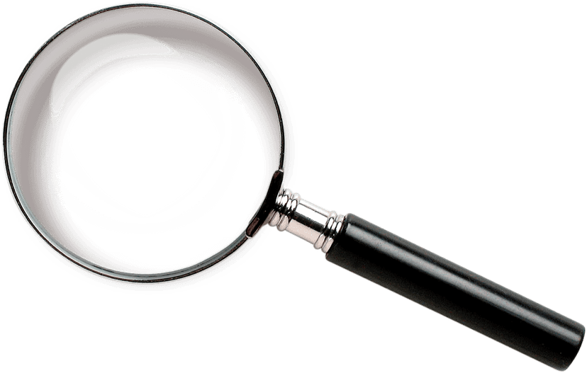 Magnifying glass with chrome frame and clear glass lens showing realistic light refraction on a transparent base.