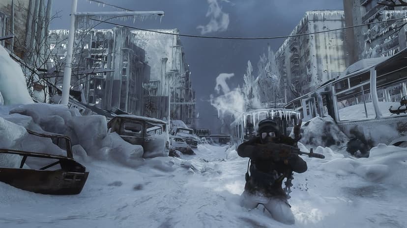 Soldier with a gas mask aiming a rifle in a snow-covered city street with frozen buildings and buses.
