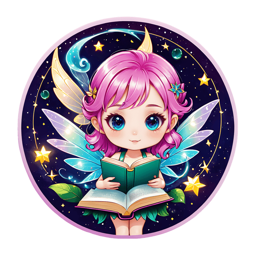 Chibi fairy with pink hair reading a book inside a circular frame featuring stars, a moon, and blue wings.