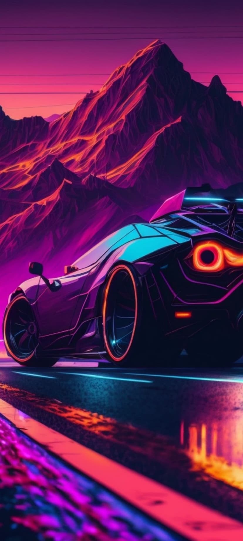 Futuristic sports car with glowing purple lights drives on a wet road against jagged sunset mountain peaks.