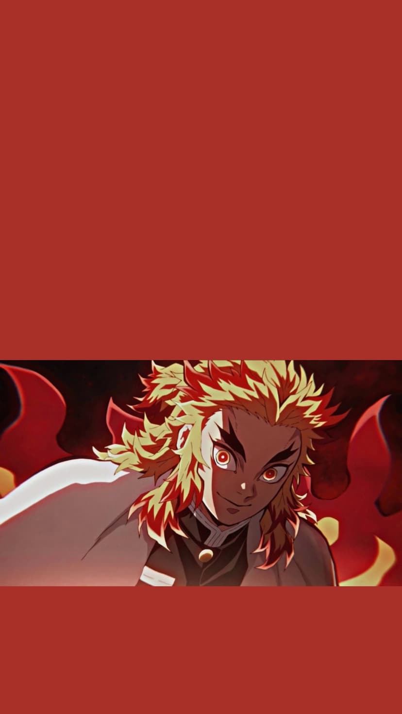 Kyojuro Rengoku stares intensely with golden eyes while surrounded by swirling orange flames and red embers.