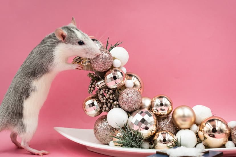 Grey and white rat sniffs glittery pink and gold Christmas baubles on a white plate against a pink background.