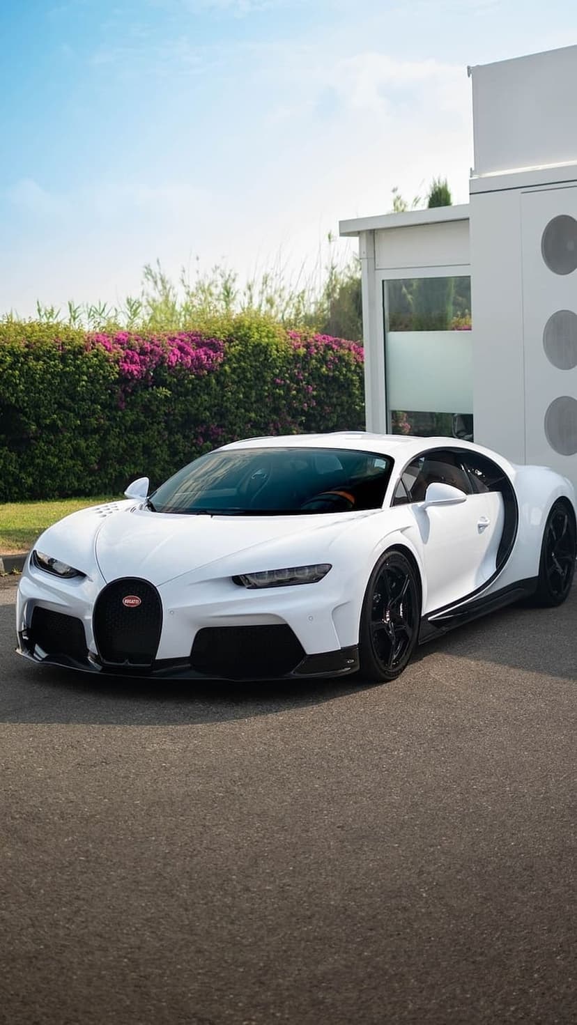 White Bugatti Chiron supercar parked on asphalt beside a green flowering hedge and modern white architecture.