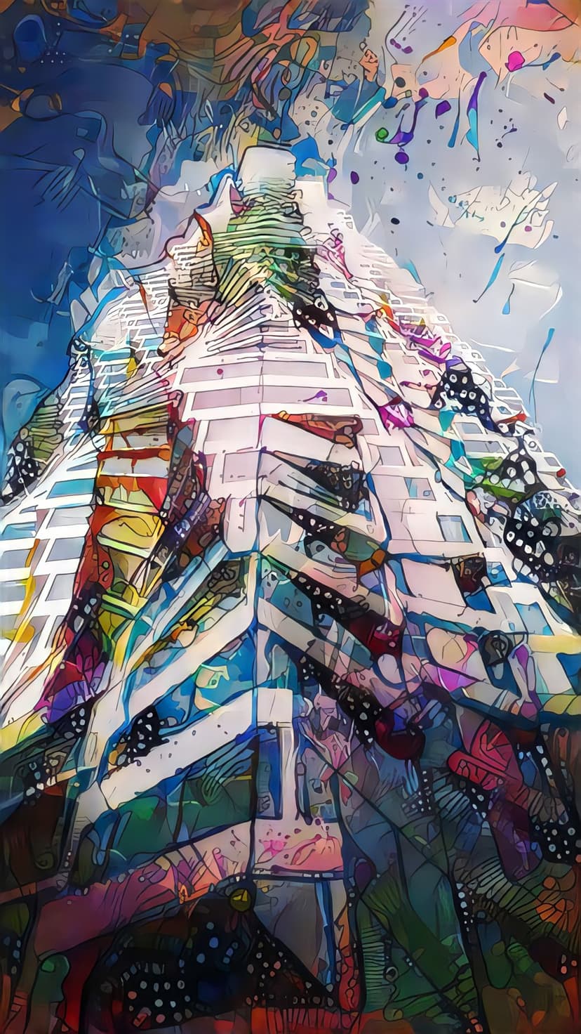 Angular geometric skyscraper with vibrant blue and red facets creates a dynamic vertical mobile background.