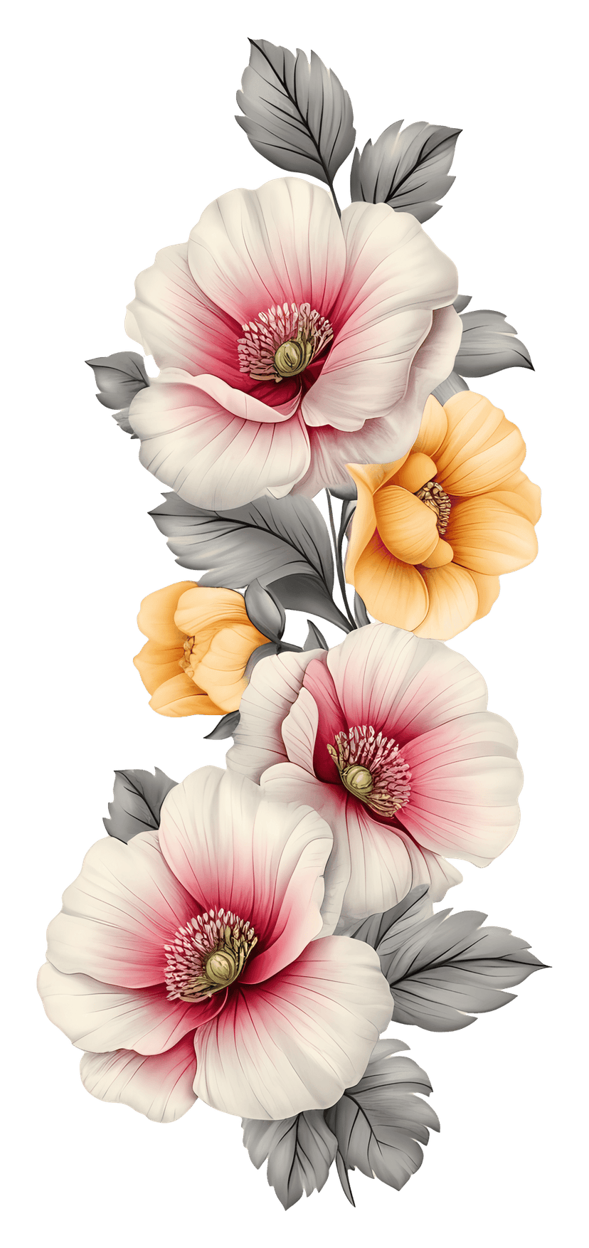 Pink flower border sketch features hand-drawn blossoms and green leaves in a corner frame on a clear background.