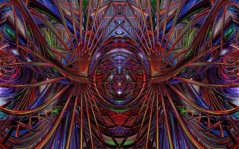 Symmetrical red, blue, and green fractal patterns with intricate, organic web-like structures and deep shadows.