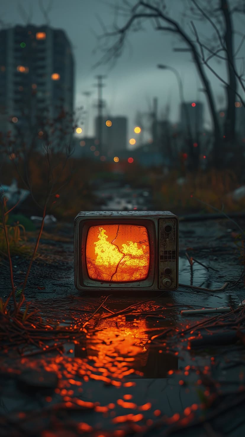 Cracked vintage television displaying a roaring fire sits on a wet street in a ruined city under a rainy sky.