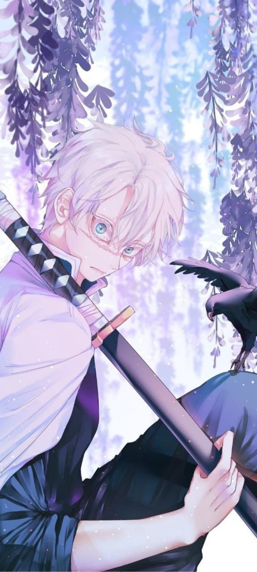 Young samurai with facial bandages holds a katana under purple wisteria flowers beside a perched black raven.