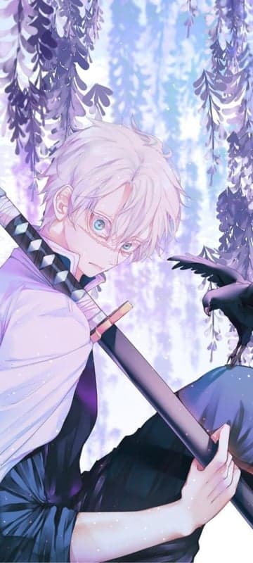 Anime boy with sword and raven, purple wisteria background