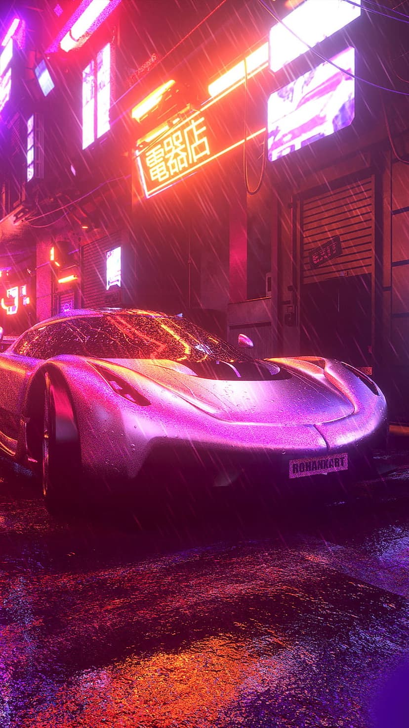 Futuristic sports car parked on a wet street reflecting pink and orange neon signs in a rainy cyberpunk city.