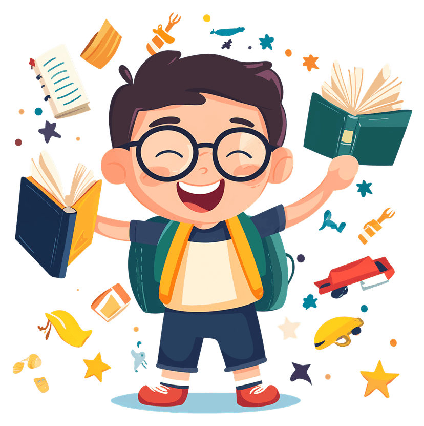 Student boy cartoon character holding stacked textbooks against a transparent background in a flat style.