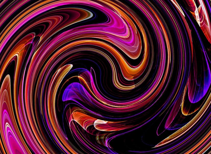 Swirling patterns of pink, orange, and purple paint flow together against a solid black backdrop.