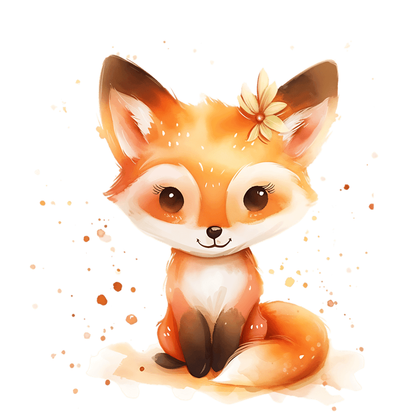 Watercolor fox illustration sitting with a pink flower on its head amidst orange and yellow paint splatters.