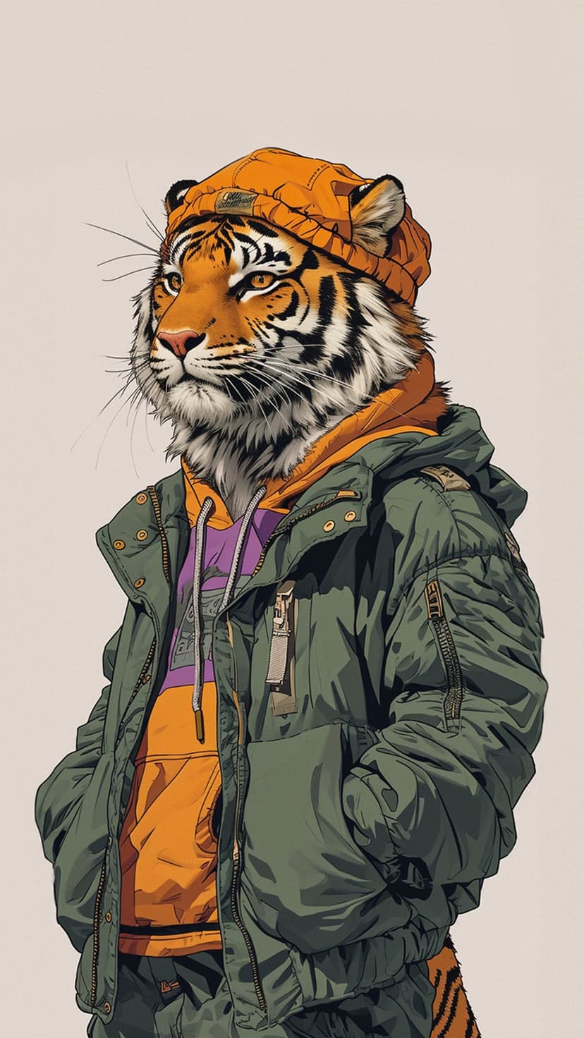 Anthropomorphic tiger in an orange beanie and green puffer jacket posing against a clean, colorful background.