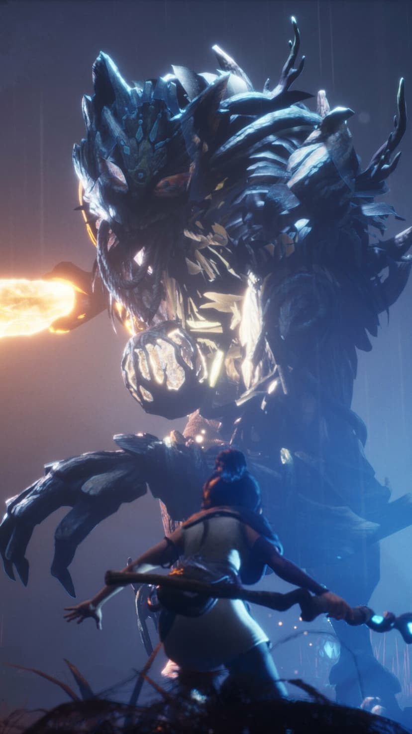 Kena stands before a giant glowing wood knight boss in a dark rainy forest during a cinematic battle scene.